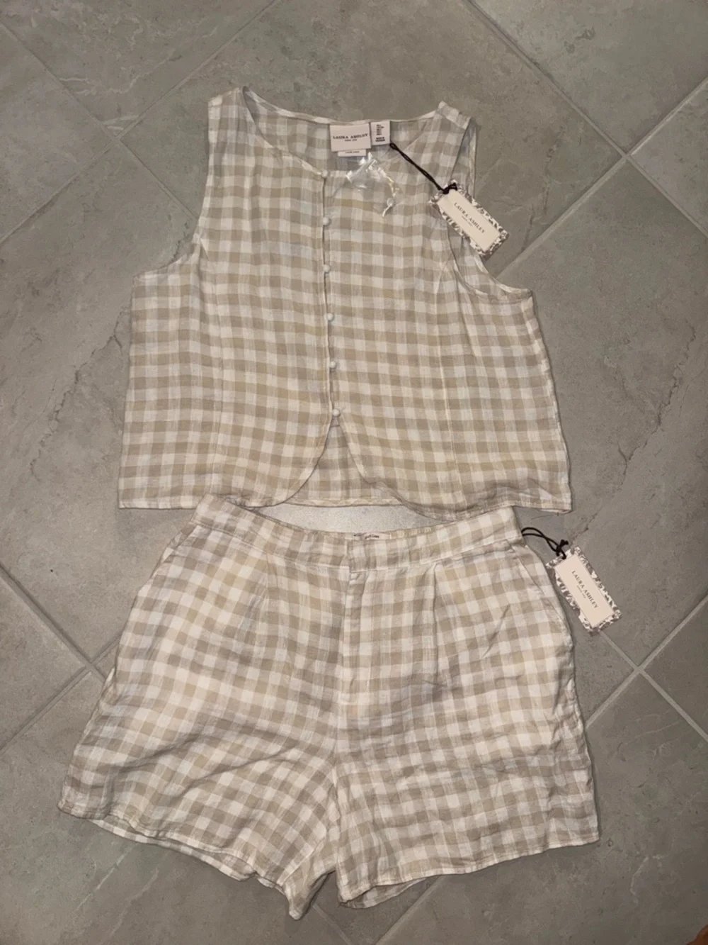 Laura Ashley Beige and White Gingham Tank Top and Shorts Set - Picture 1 of 7